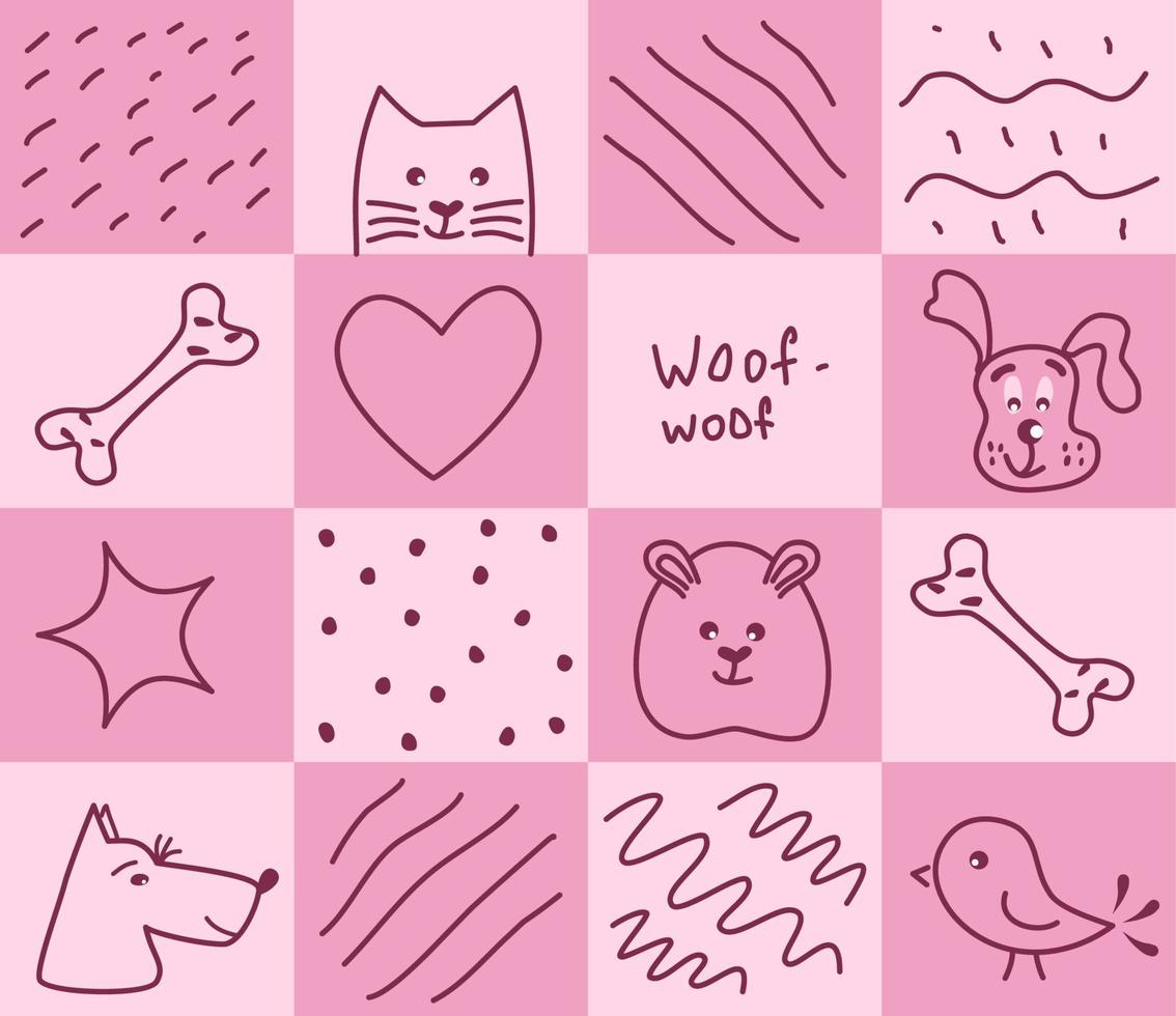 naadloos patroon met vierkanten en grappige doodle dieren. vectorillustratie. vector
