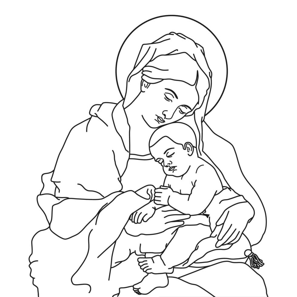 santa maria moeder van god vector illustratie zwart-wit schets