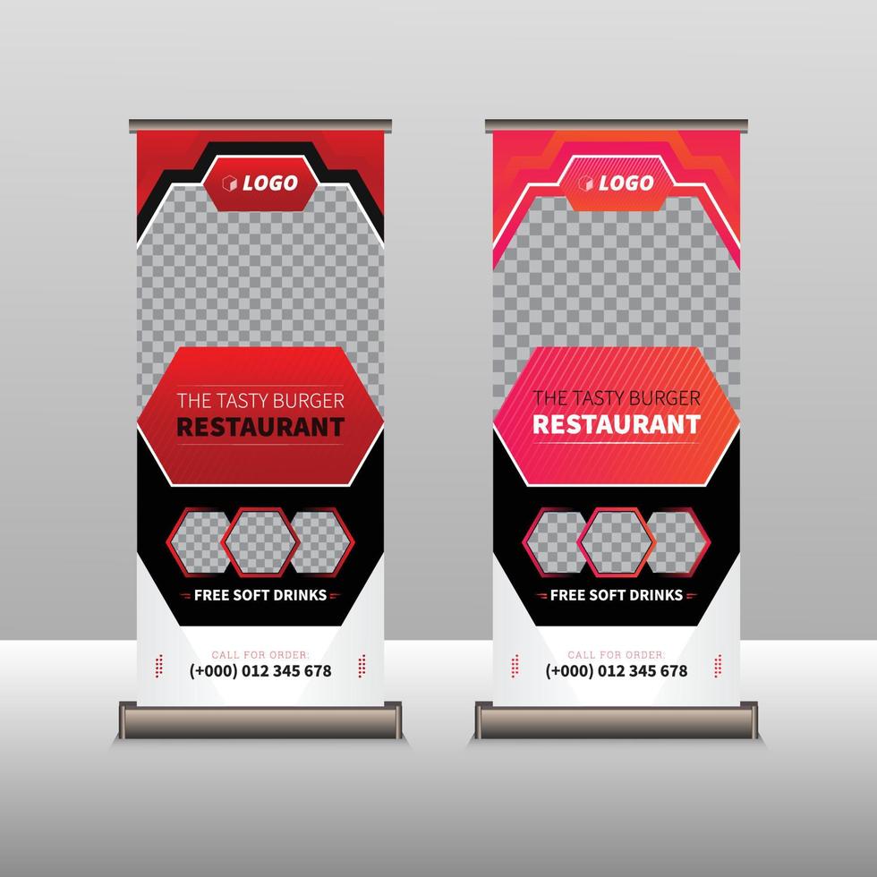 eten en restaurant roll-up banner restaurant menu sjabloonontwerp. stand banner, pull up banner, moderne x-banner voor restaurant. vector