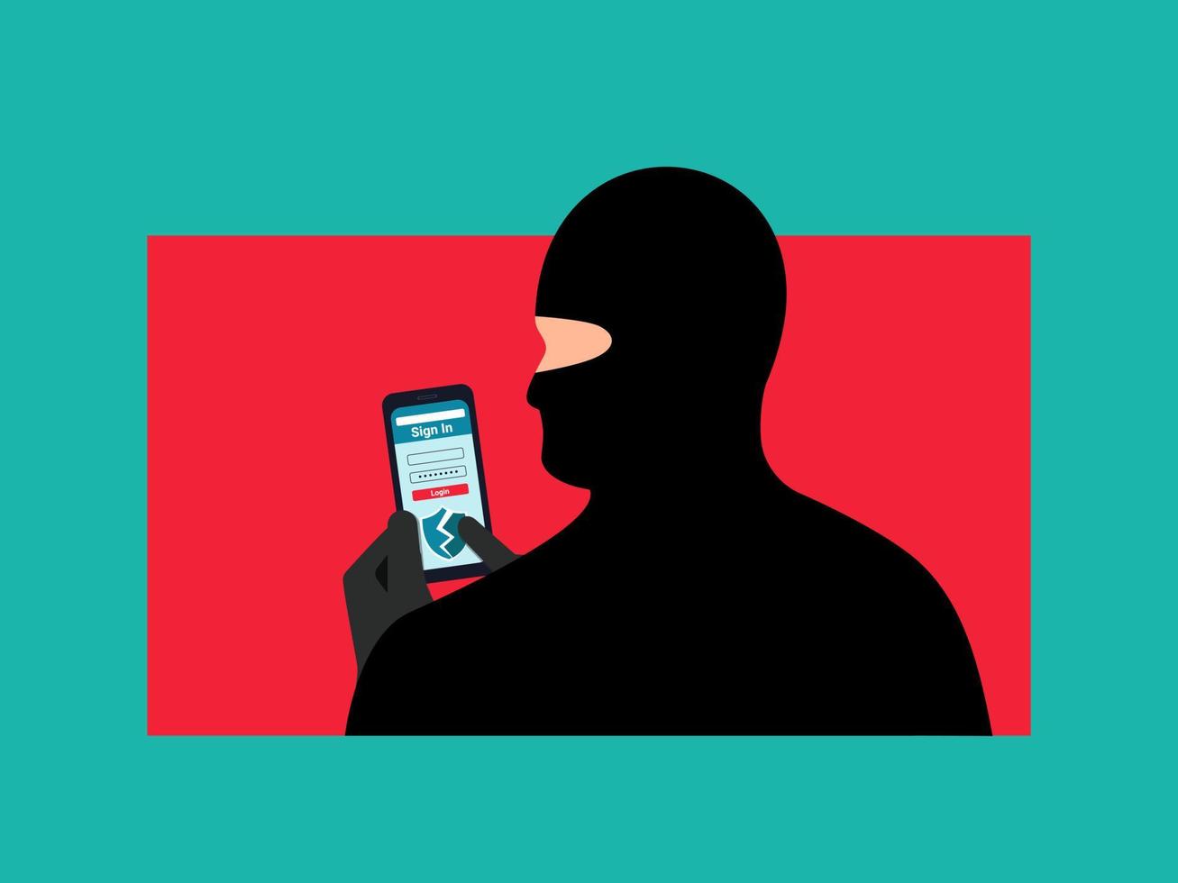 het hacken van een gebruikersaccount. de fraudeur houdt een smartphone met gehackte beveiliging vast. internet fraude. de hacker logt in met een gestolen gebruikersnaam en wachtwoord. toegang tot de persoonlijke gegevens van gebruikers. vector. vector