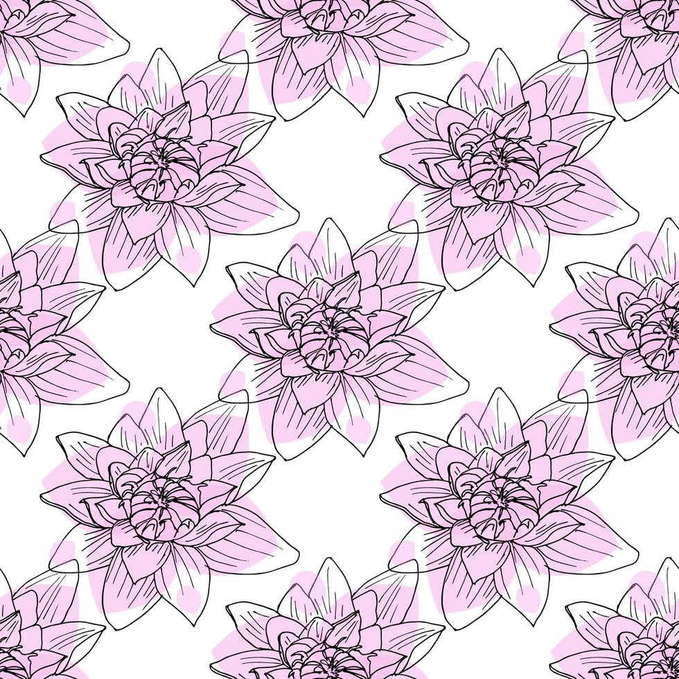 hand getekende lotus bloemen naadloze patroon. getekende zwarte omtrek en abstracte roze vlekken op een witte achtergrond. bloemen mooie achtergrond in schets stijl. ontwerp voor stof, behang, inpakpapier. vector