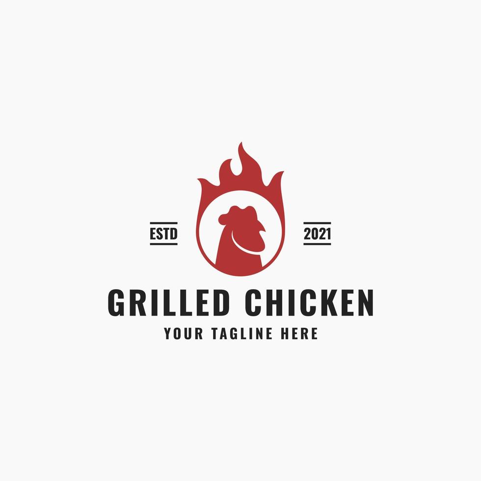 vintage rustieke kip logo, silhouet gegrilde kip kip met smeulende rode barbecue grill vuur, vleeskuiken logo symbool label pictogrammalplaatje, geschikt voor eetstalletjes, restaurant, vleeswinkel, slager vector