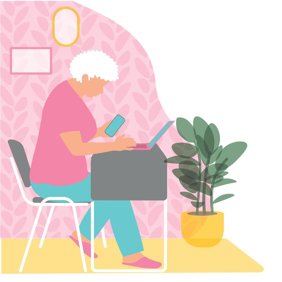 oudere vrouw oma werkt zittend aan tafel, met een laptop en een telefoon. thuiskantoor, parttime baan. vector