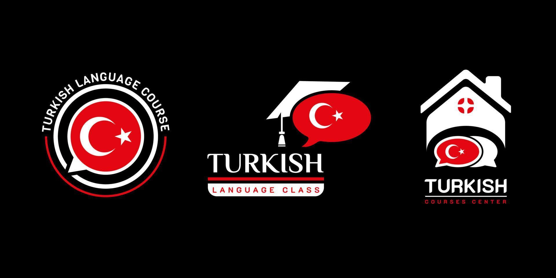 Turks taalcursus logo leren. taaluitwisselingsprogramma, forum, tekstballon en internationaal communicatiebord. met turkije vlag. premium en luxe vectorillustratie vector