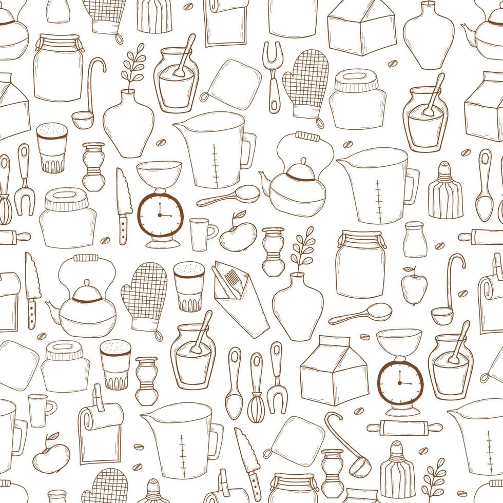 naadloos patroon met keukenartikelen. vectorillustratie. handtekening voor decor en ontwerp vector