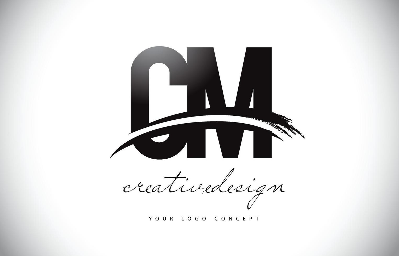 cm cm letter logo-ontwerp met swoosh en zwarte penseelstreek. vector