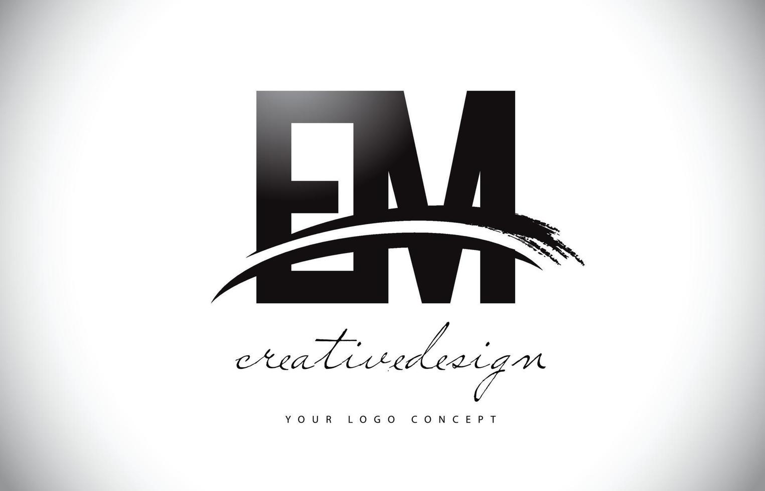 em em letter logo-ontwerp met swoosh en zwarte penseelstreek. vector