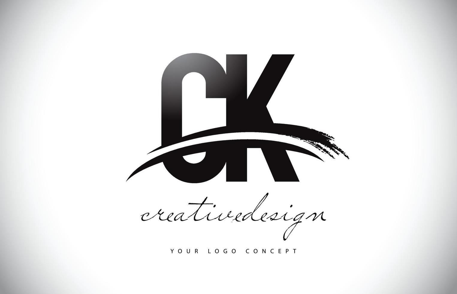 ck ck letter logo-ontwerp met swoosh en zwarte penseelstreek. vector