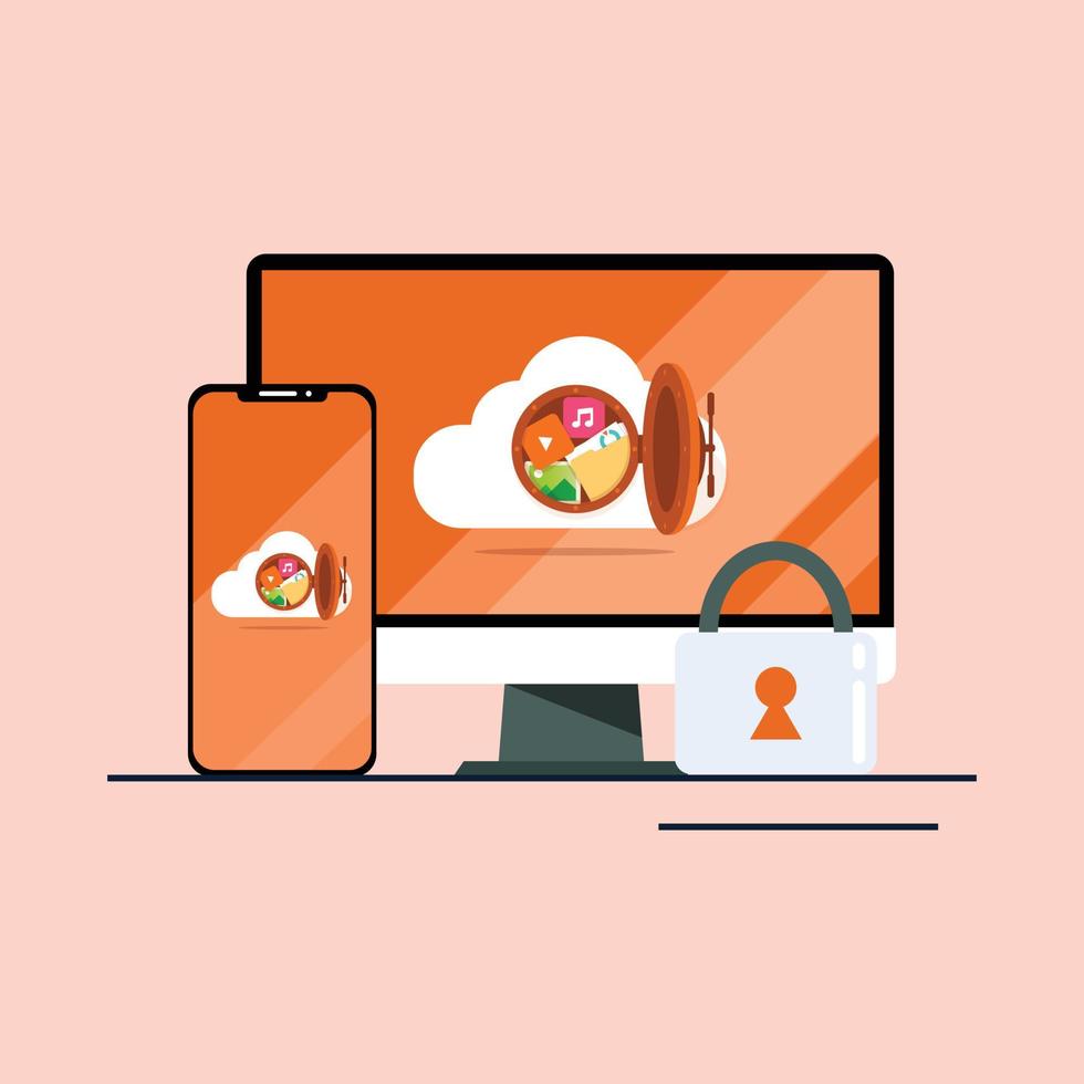 veilig clouddocument met computer en mobiel plat ontwerp vector