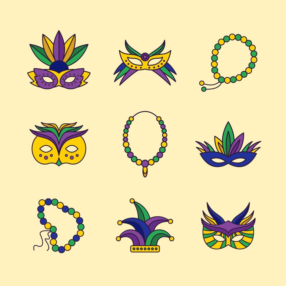 mardi gras maskerades en kralen icoon pakket vector