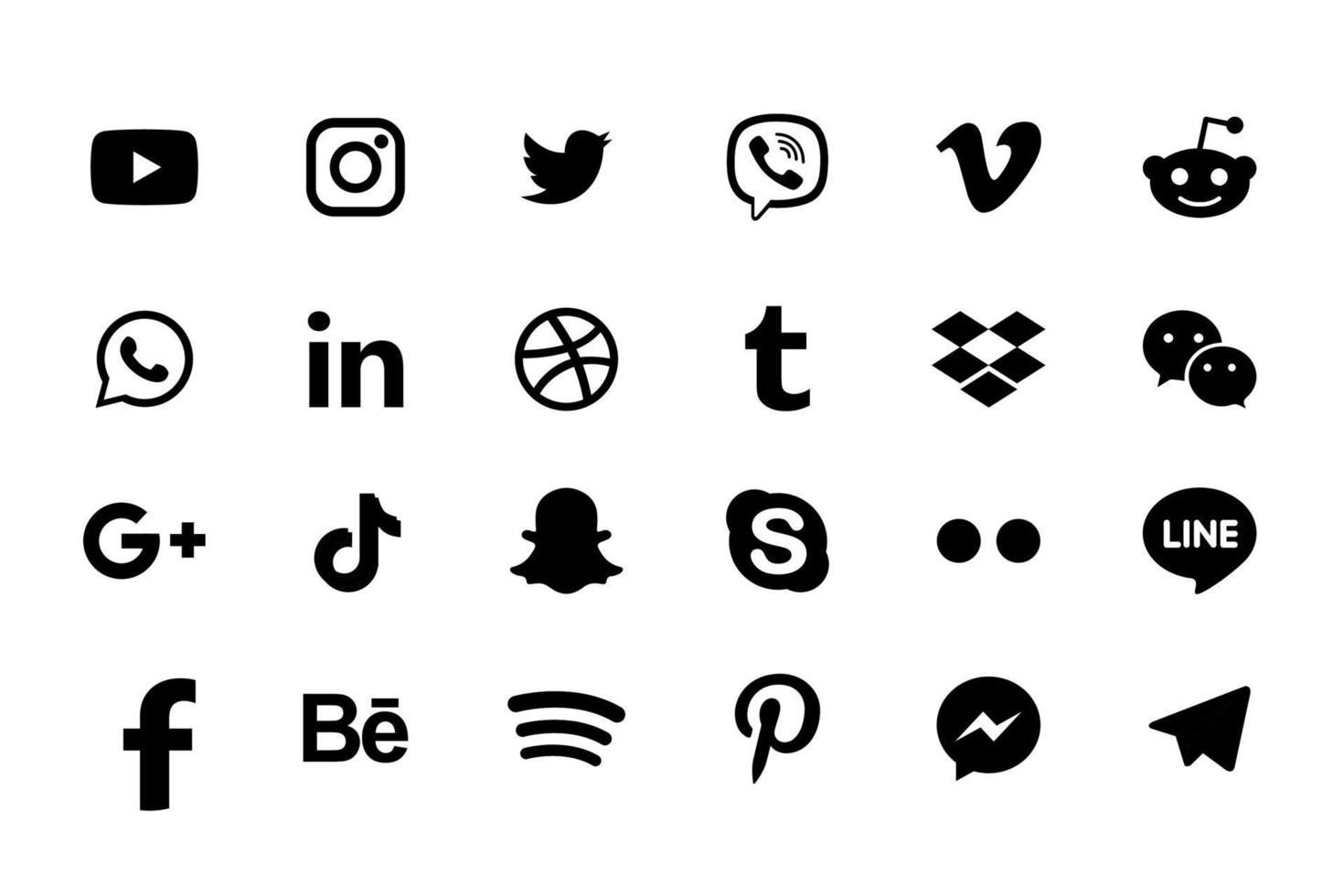 stel populaire social media iconen in. facebook, instagram, twitter, youtube, pinterest, behance, google plus, linkedin, whatsapp, snapchat, tiktok, tumblr, spotify, dropbox en nog veel meer vector