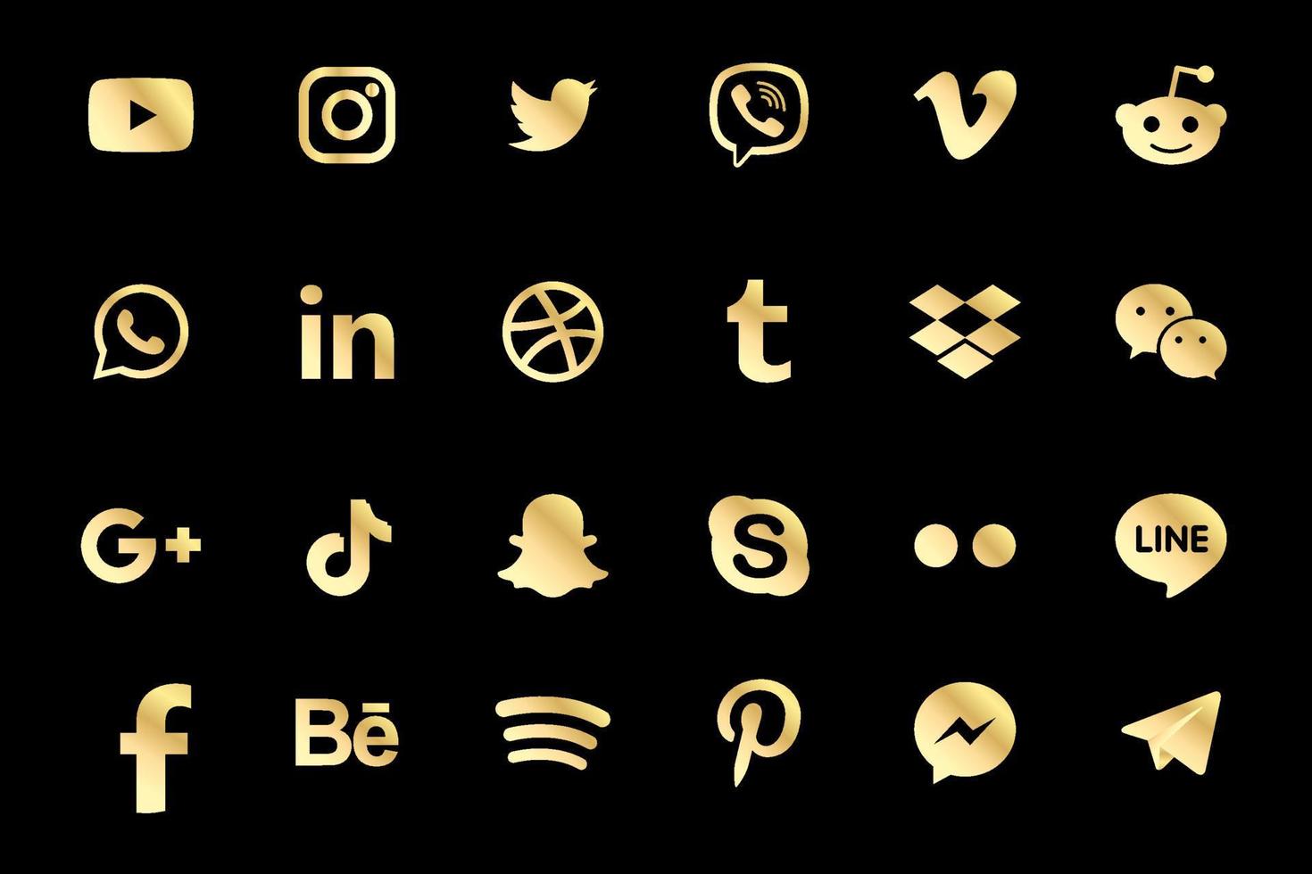 gouden facebook, instagram, twitter, youtube, whatsapp, dribble, tiktok, linkedin, google plus, en nog veel meer gouden verzameling van populaire social media iconen. vector