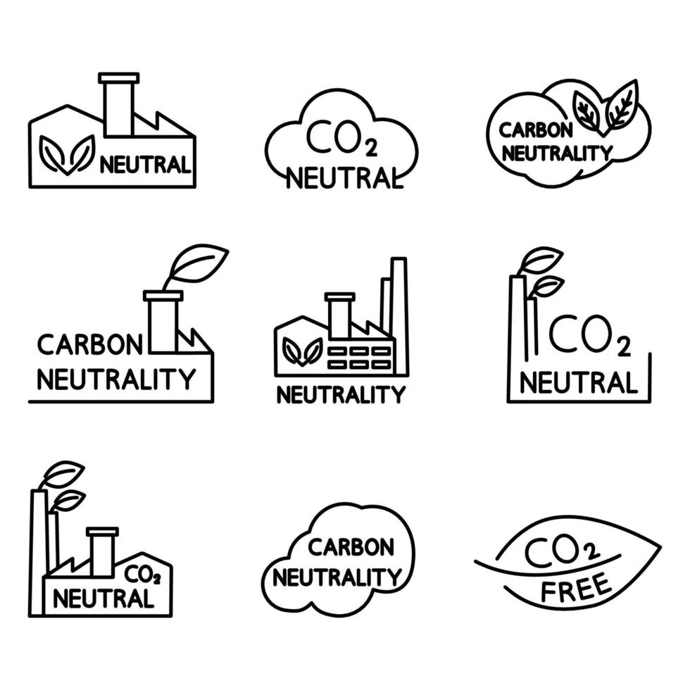klimaatneutraal. set van co2-recycling pictogrammen. eco fabriek symbool. netto nul koolstofvoetafdruk. geen vervuiling van de luchtatmosfeer vector