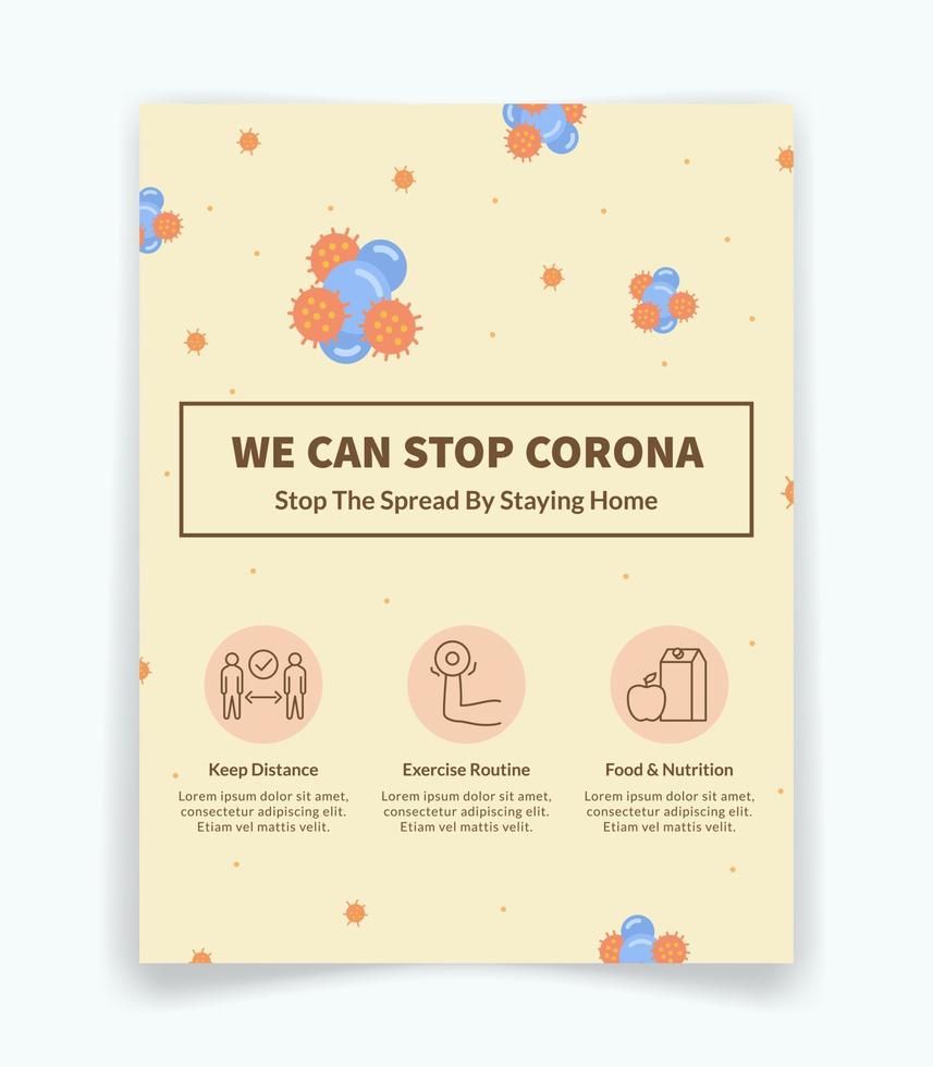 we kunnen de ziekte van corona virus covid 19 stoppen met flyer of brochure met pictogrammen variatie moderne vlakke stijl vector