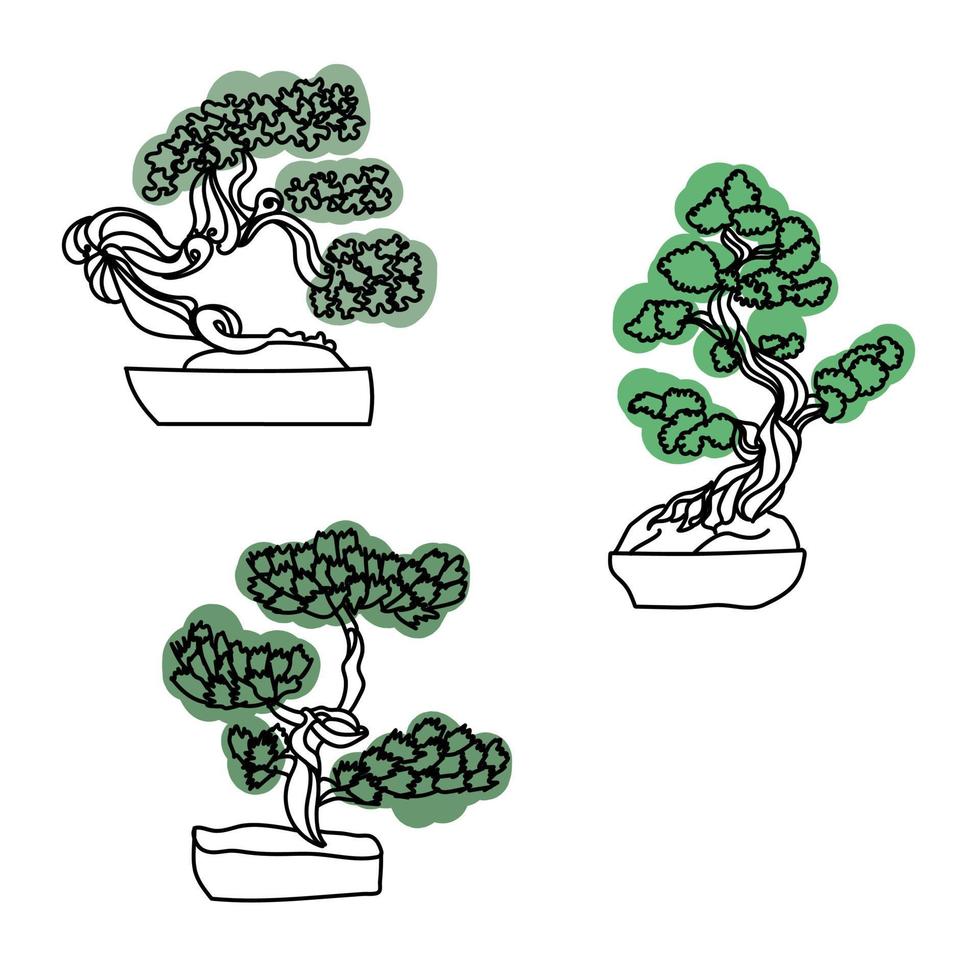 set overzicht bonsai bomen met groene bladeren, vector hand tekenen illustratie