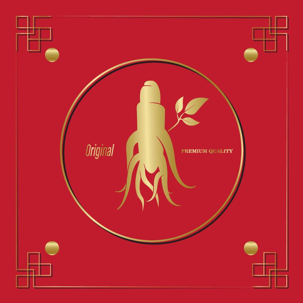 Koreaanse of Chinese rode ginsengwortel, tekstlabel in Koreaanse gecultiveerde ginseng. ginseng symbool voor koreaanse cosmetica, chinese geneeskunde, voedingsmiddelen, theepakketten. ginseng-logo. vector illustratie