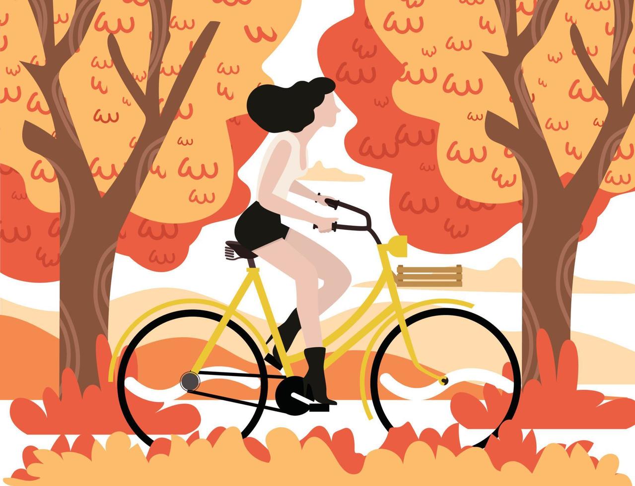 herfst vrouw fietsen met boom achtergrond vector