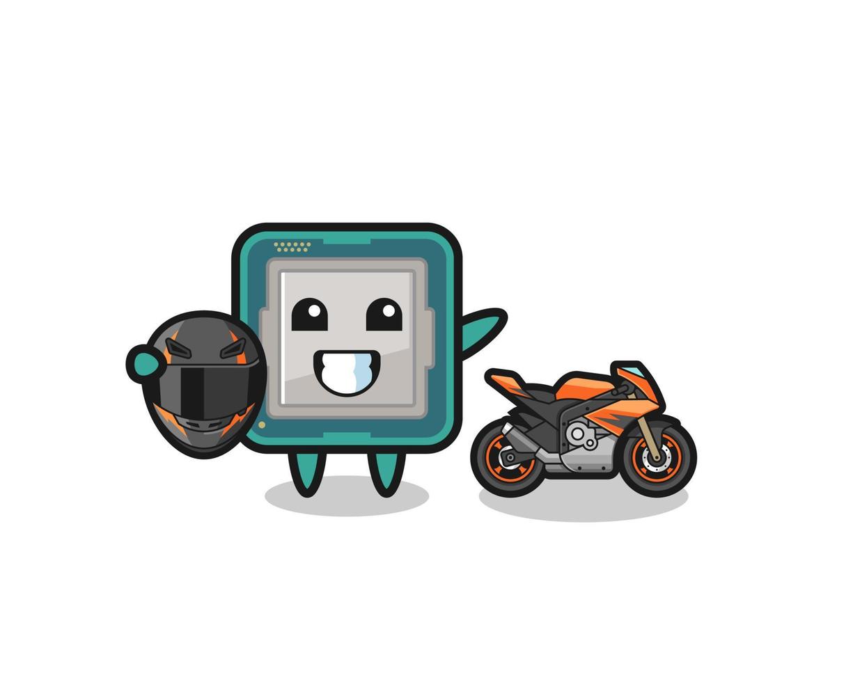 schattige processor-cartoon als motorcoureur vector