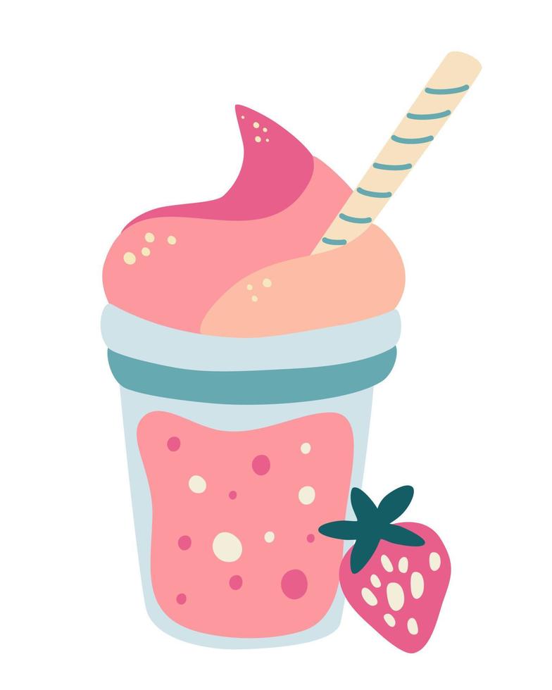 aardbeiencocktail. verse aardbeiensmoothie met room in glas met een buis. gezond eten. zoete zomerdrank. voor cafémenu's en restaurants. cartoon vectorillustratie. vector