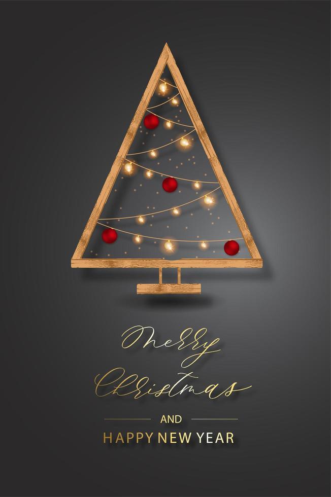 vakantie achtergrond met houten kerstboom, verlichting, slingers en ballen. vrolijke kerstkaart illustratie op zwarte achtergrond. vector