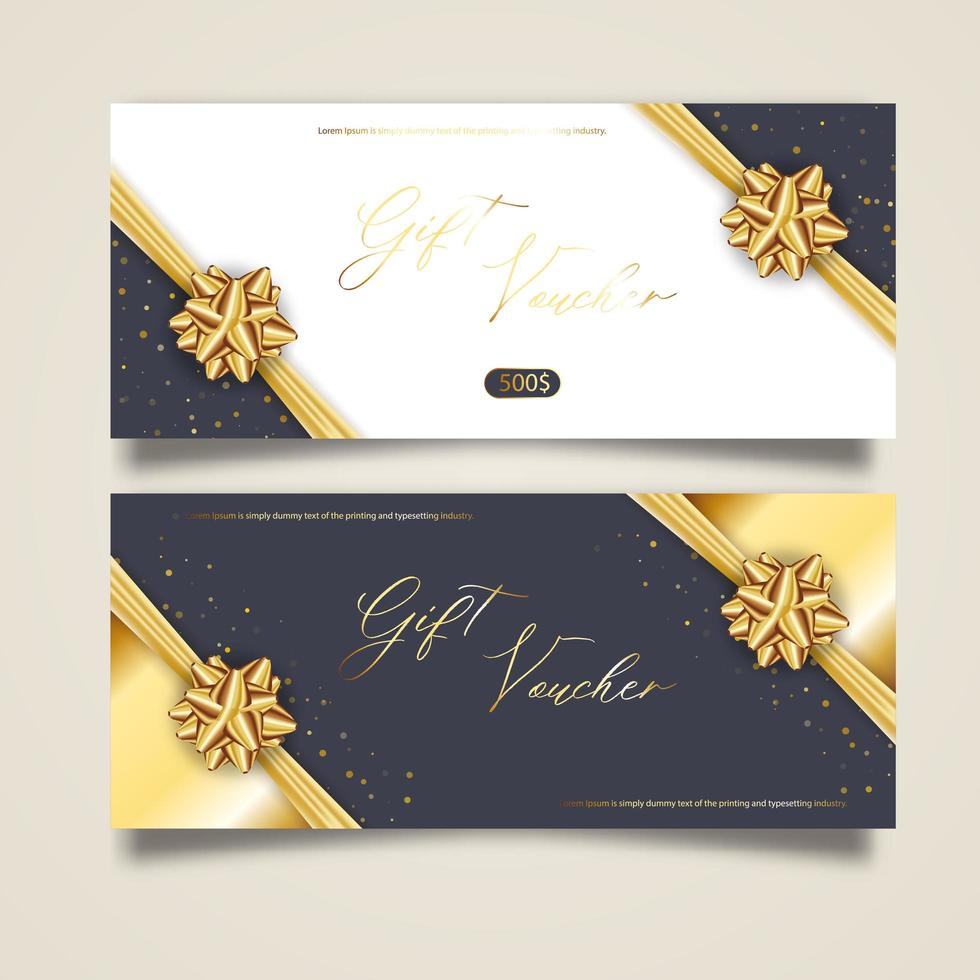 set stijlvolle cadeaubon met gouden lint en strik. vector elegante sjabloon voor cadeaubon, coupon en certificaat geïsoleerd van de achtergrond.