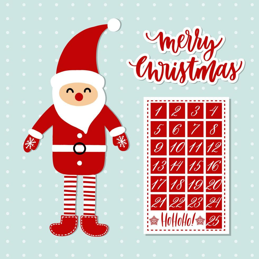 adventskalender met cartoon kerstman en hand belettering vector. vector