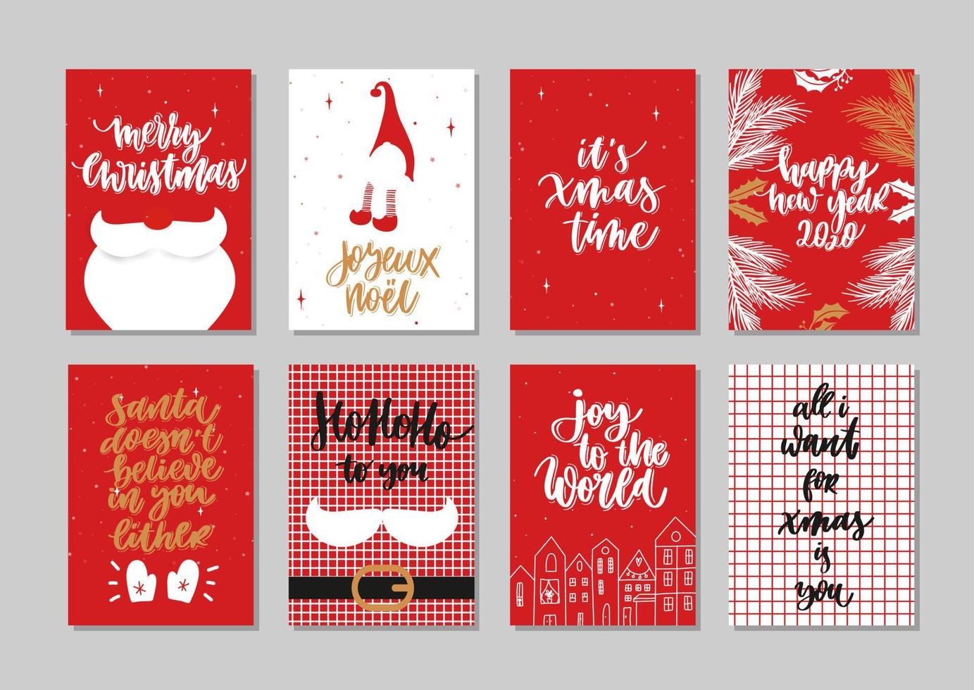 vector prettige kerstdagen en gelukkig nieuwjaar wenskaart set met kalligrafie. handgetekende moderne belettering.