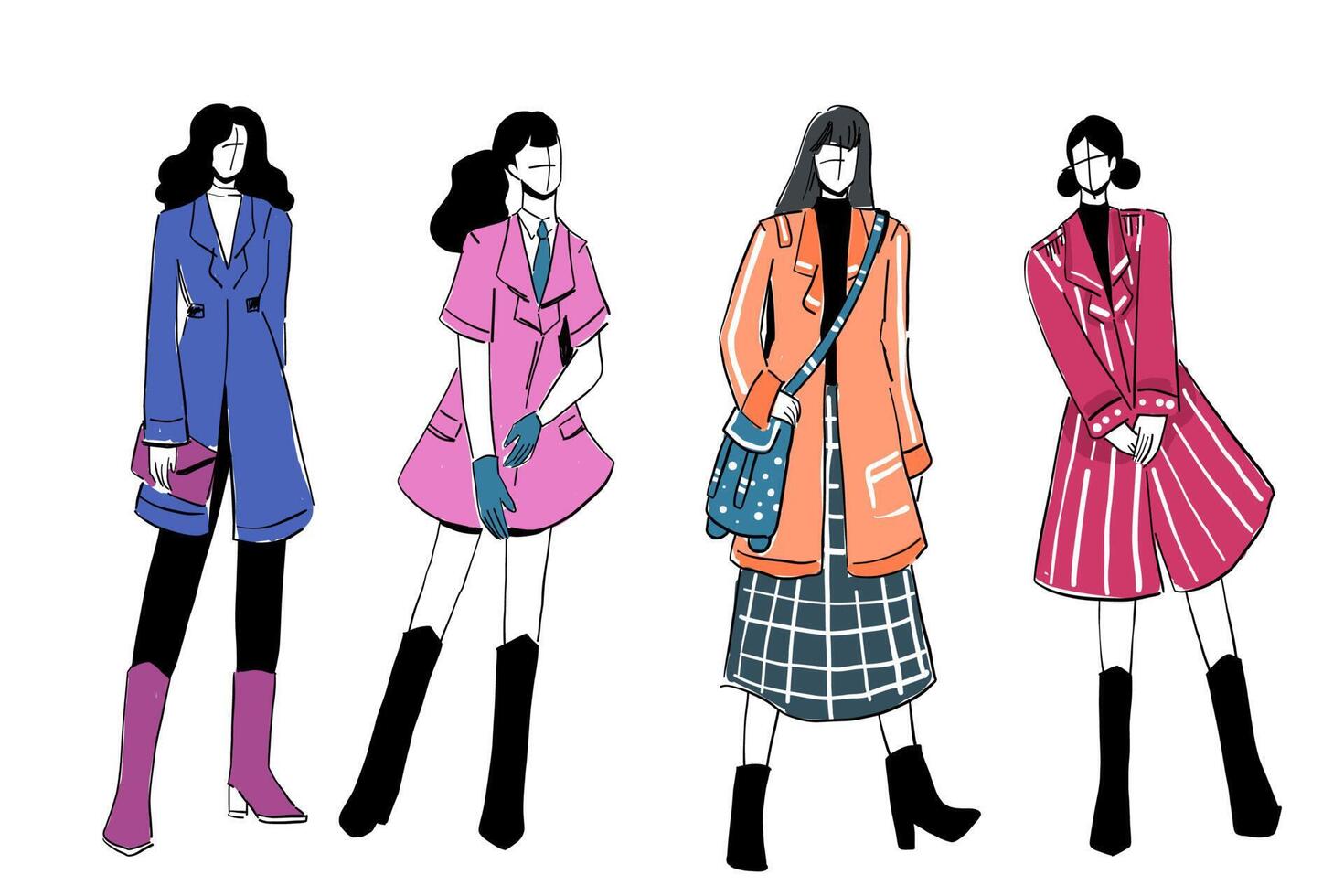 set schetsen van mooie en diverse vrouwelijke mode-outfits. vector