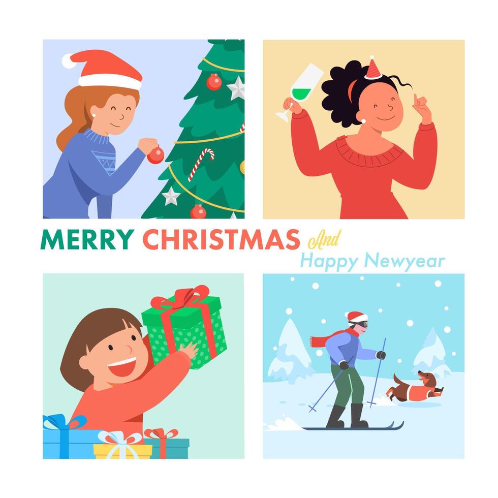 personages in verschillende poses en scènes. vrolijk kerst knipsel element vector