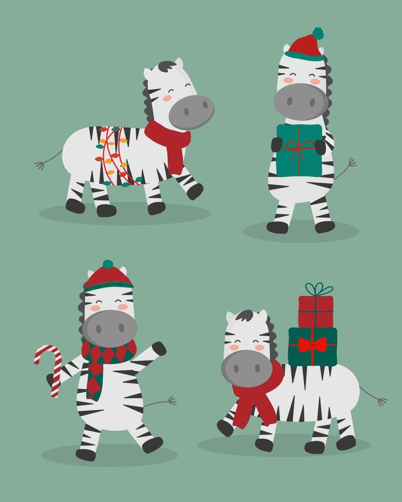 zebra schattig vector kawaii grappig stripfiguur in kerstthema.
