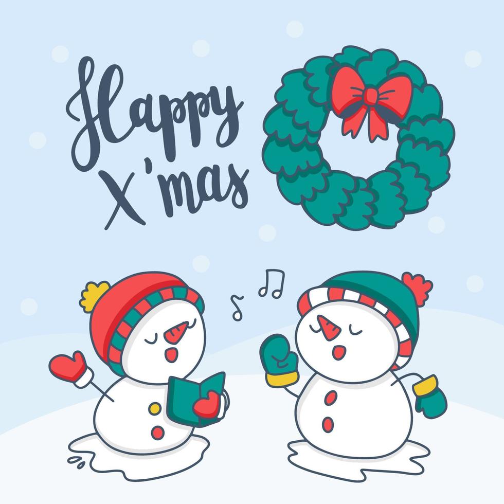 vrolijke kerstkaart met mooie sneeuwpop met belettering vector