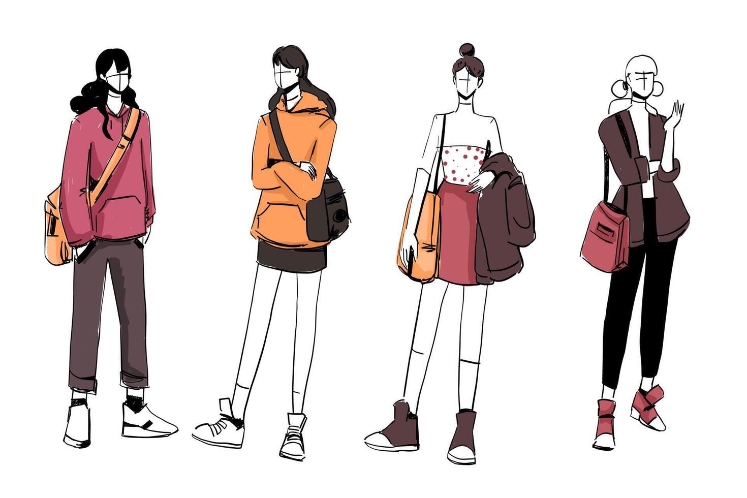 set schetsen van mooie en diverse vrouwelijke mode-outfits. vector