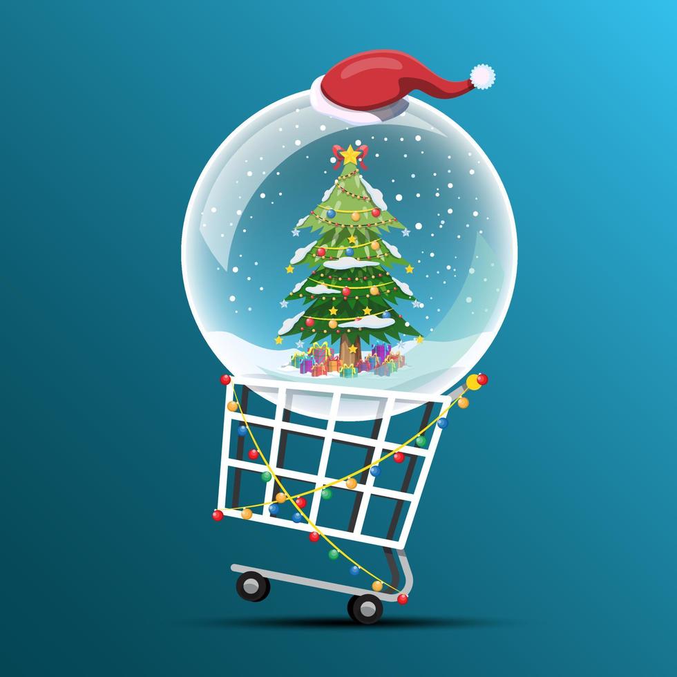 kerstboom en geschenkdozen in de sneeuw in kristallen bollen met kerstmuts op winkelwagen. vector