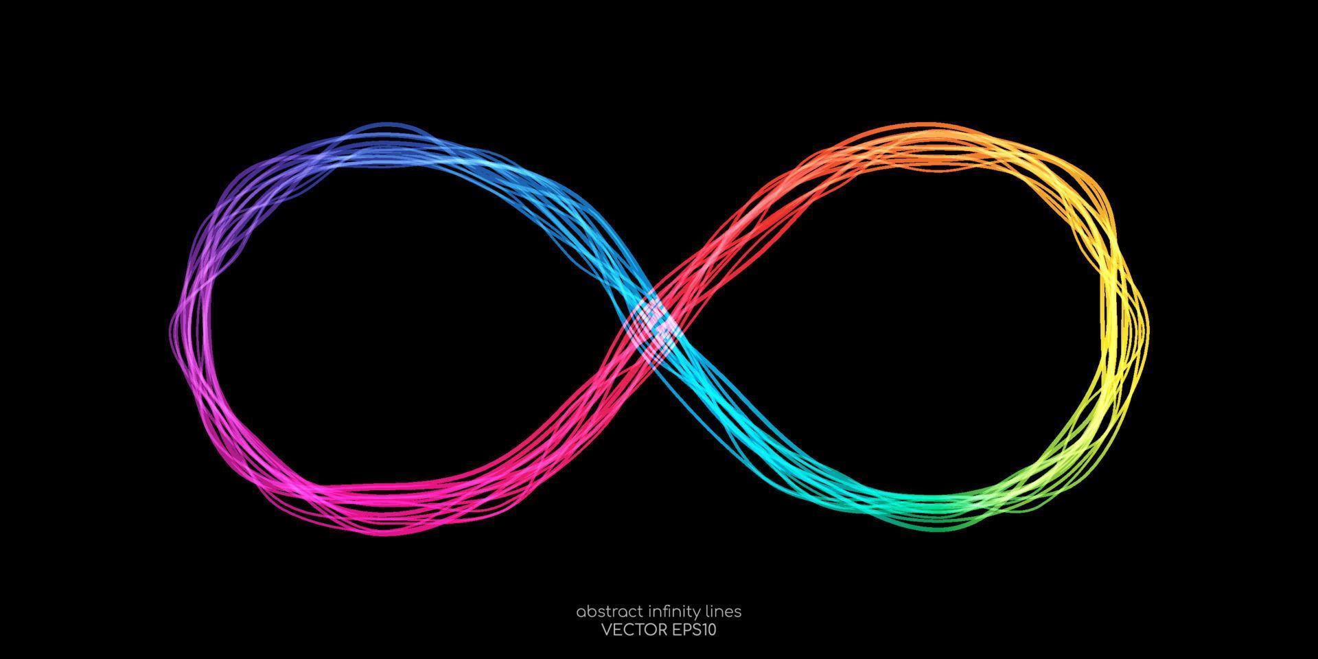 oneindigheidssymbool door golvende lijnen kleurrijk spectrum licht geïsoleerd op zwarte achtergrond in concept onbeperkt, technologie, digitaal. vector