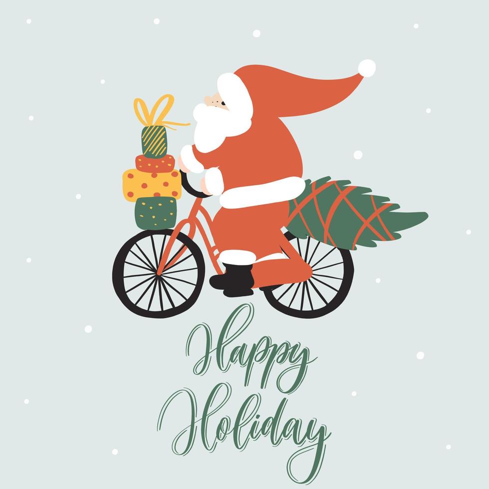 grappige kerstman op een fiets met geschenkdozen en kerstboom. vector cartoon illustration.happy vakantie belettering.