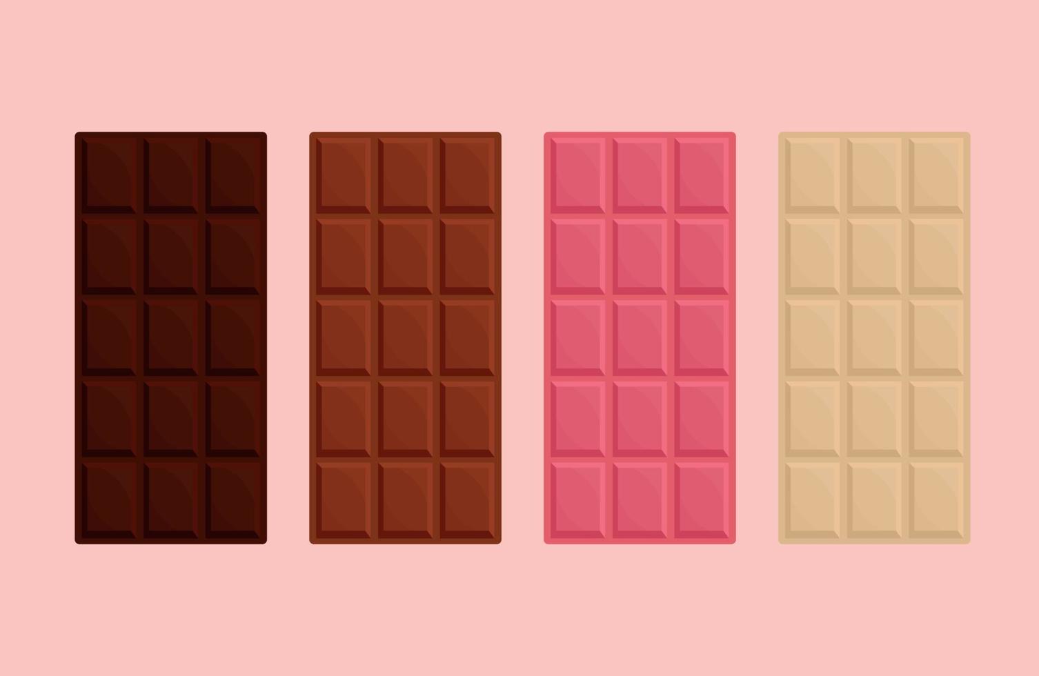 set klassieke chocoladerepen van verschillende smaken. donker, melk, wit en karmozijn, bessenchocolade geïsoleerd. biologische productie, chocoladezaken. vector illustratie