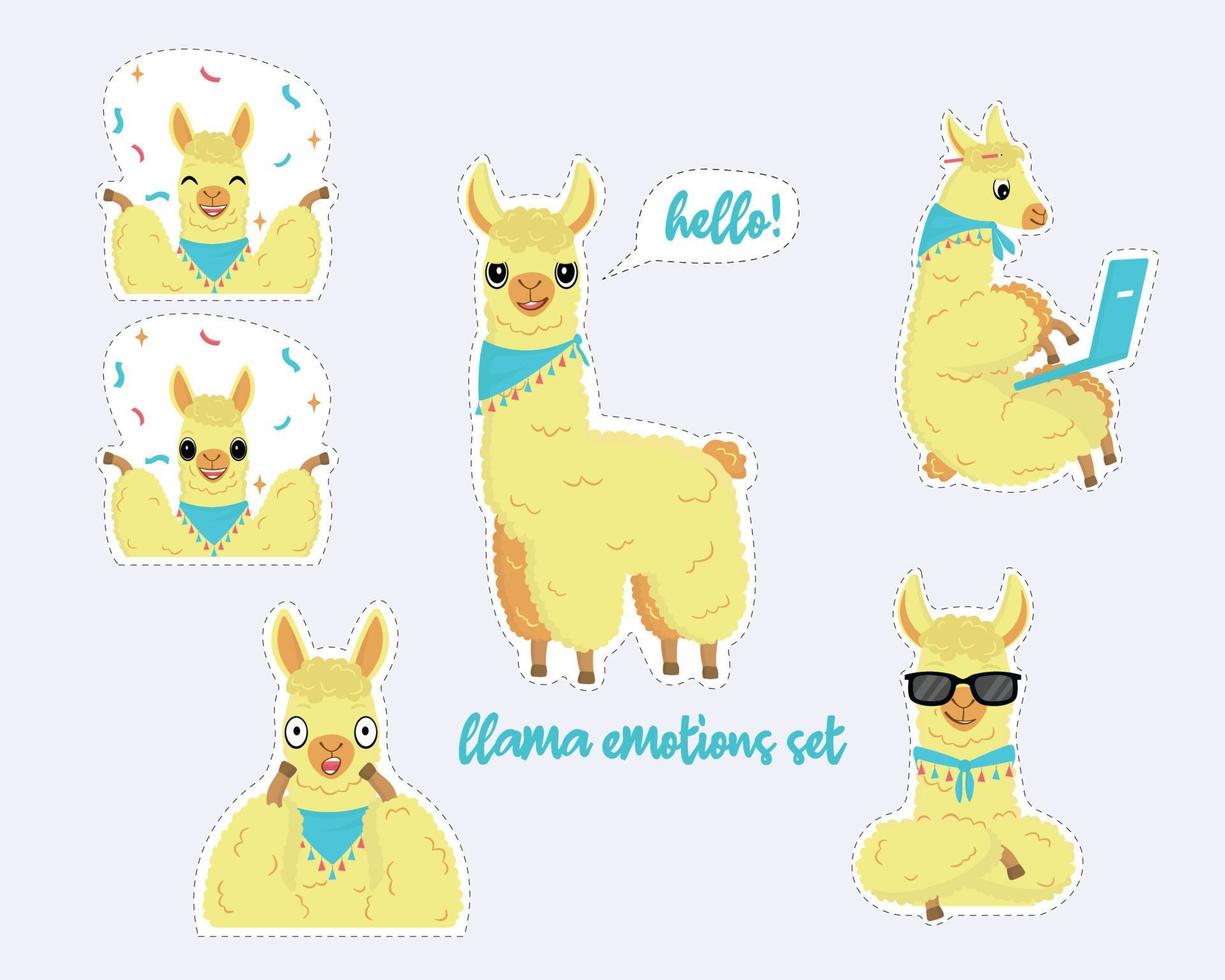 lama emoties ingesteld. een unisex-personage. omcirkelde stickers met cartoon pluizige lama met een verband. geeloranje lama. blauwe sjaal met franjes. lama met grote ogen. platte vectorillustratie vector