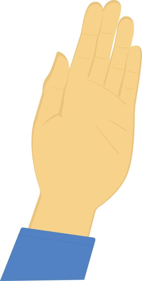 uitgestoken hand, handvol, helpende hand, uitreiken in verzoek, een hand geven, panhandvat, vragen om aalmoezen. menselijke handpalm. Europese. aziatisch. realistische cartoonhand met blauwe mouwen. platte vectorillustratie vector