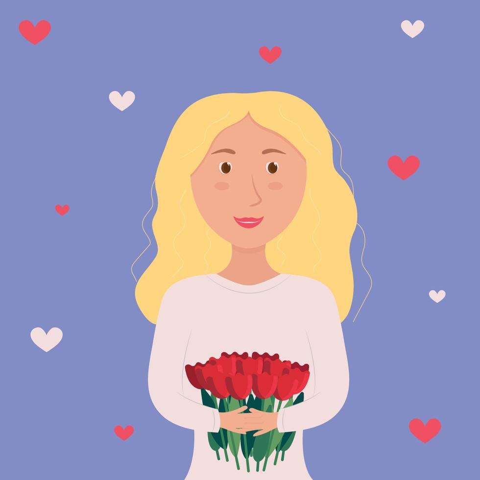 leuke vrouw met blond haar die een boeket bloemen in handen houdt. lente vakantie vectorillustratie. cartoon romantisch meisje in wit op blauwe achtergrond. internationale vrouwendag, moederdag, valentijnsdag vector