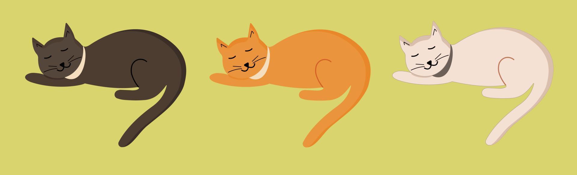 schattige kat slaapt opgerold in een bal. grijs zwart, oranje rood, witte kat. vector set van platte cartoon illustraties