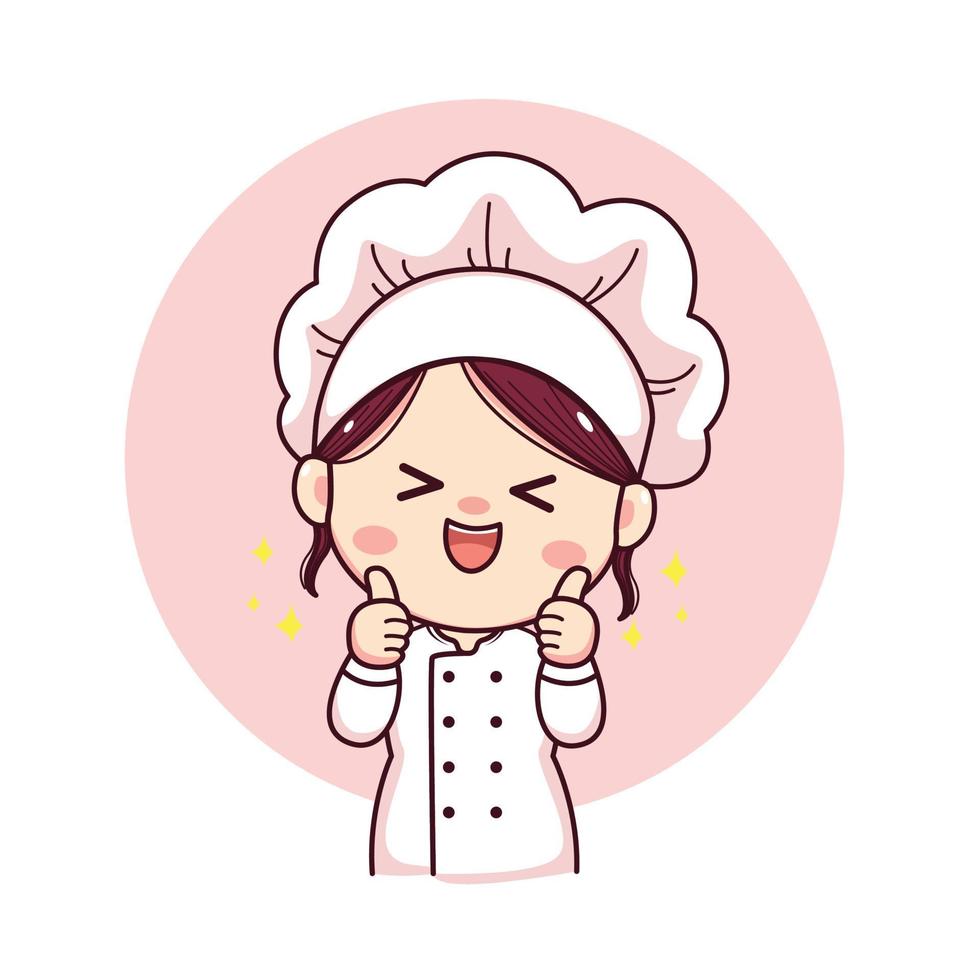 schattig en kawaii vrouwelijke chef-kok of bakker met duimen omhoog cartoon manga chibi vector character design