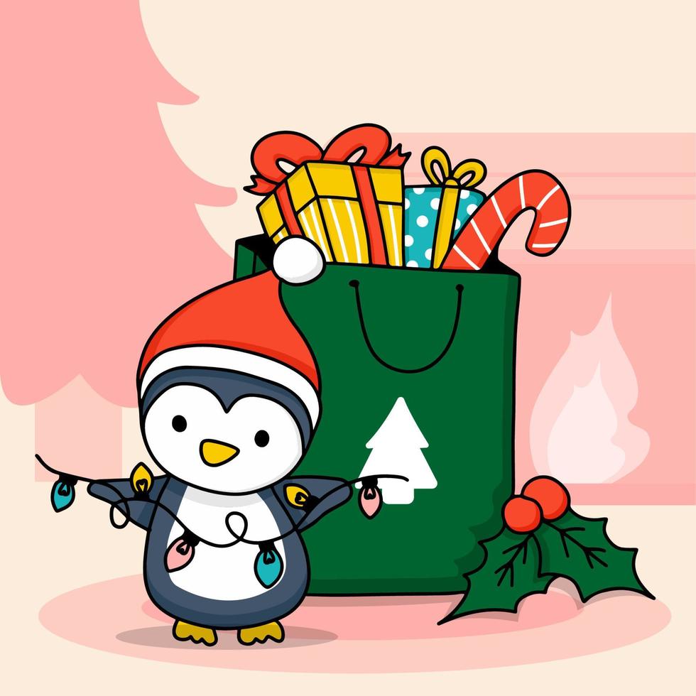 pinguïn met decoratieve gloeilamp en cadeau in boodschappentas vector