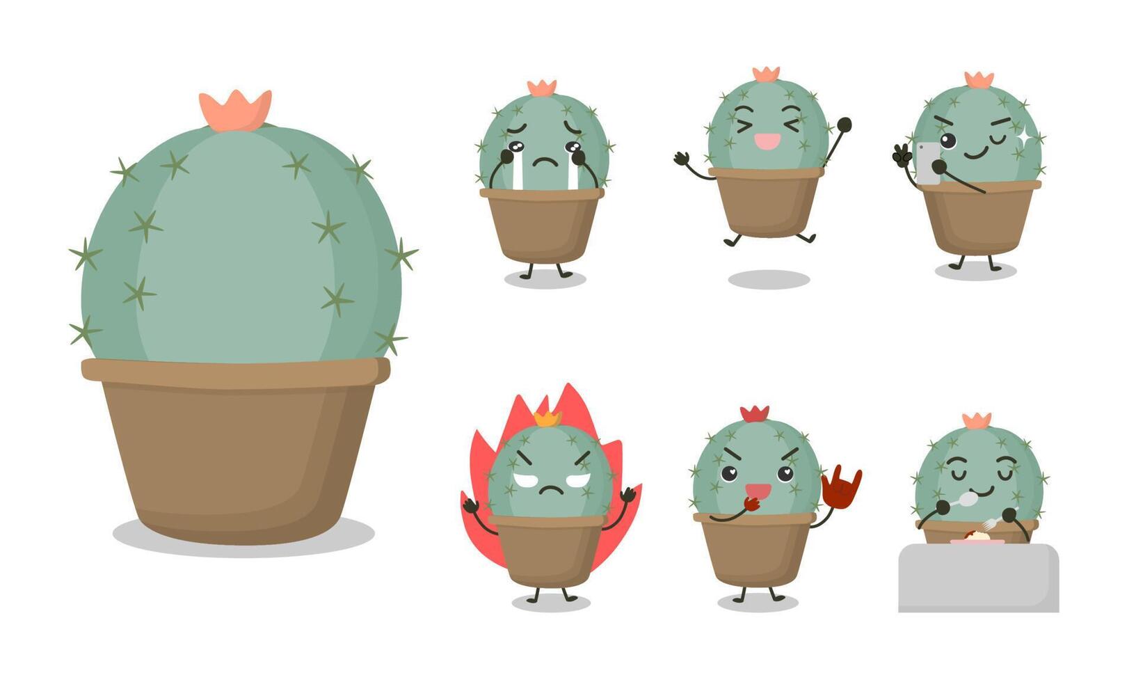 cactus stripfiguren in verschillende poses en emotionele zoals huilen, springen, selfie, boos worden, juichen, eten. vector