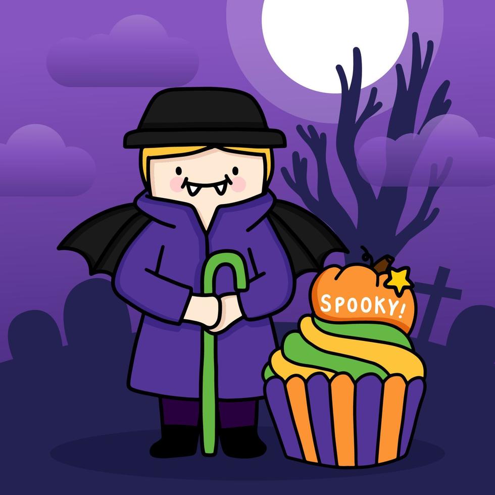 een oom dracula houdt een wandelstok vast op het kerkhof op Halloween-avond met cupcake. vector