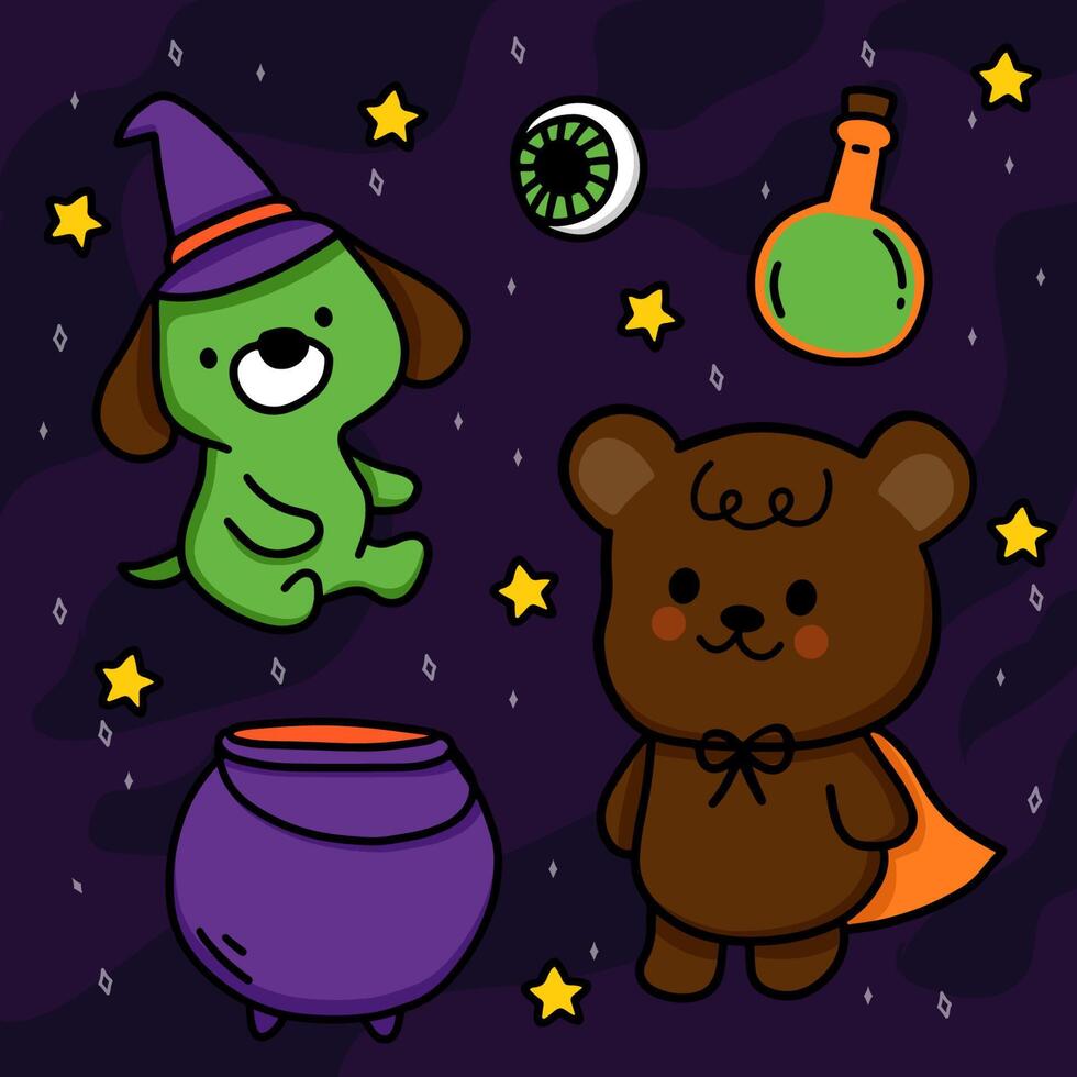 Halloween nacht hond en beer zijn tovenaars die vergif koken in een pot. vector