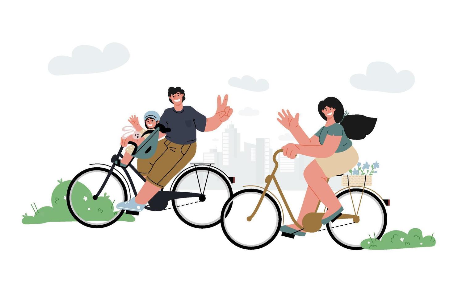 familie fietstocht, buitenactiviteiten, panorama city.child fietsstoeltje op de voorste vaders bike.vector vlakke afbeelding. vector