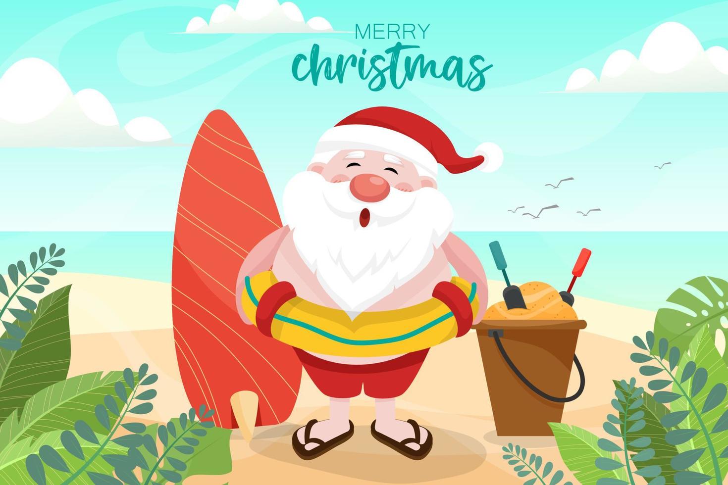 de kerstman draagt zwemring. zomer santa claus met surfplank hij heeft een rust op strand tropische oceaan achtergrond. vector