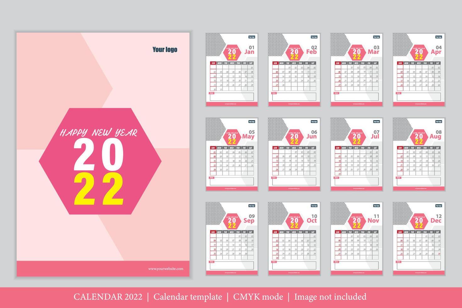 kalender 2022 ontwerp, het jaar van de tijger maandkaarten sjablonen, set van 12 maanden vector