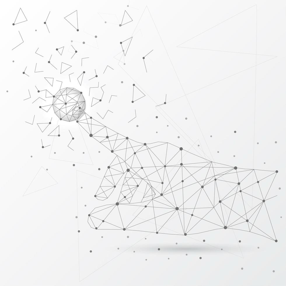 hand aanraken van wereldwijde netwerkverbinding en gegevens van lijnen, driehoeken en deeltje low poly-stijl. vector