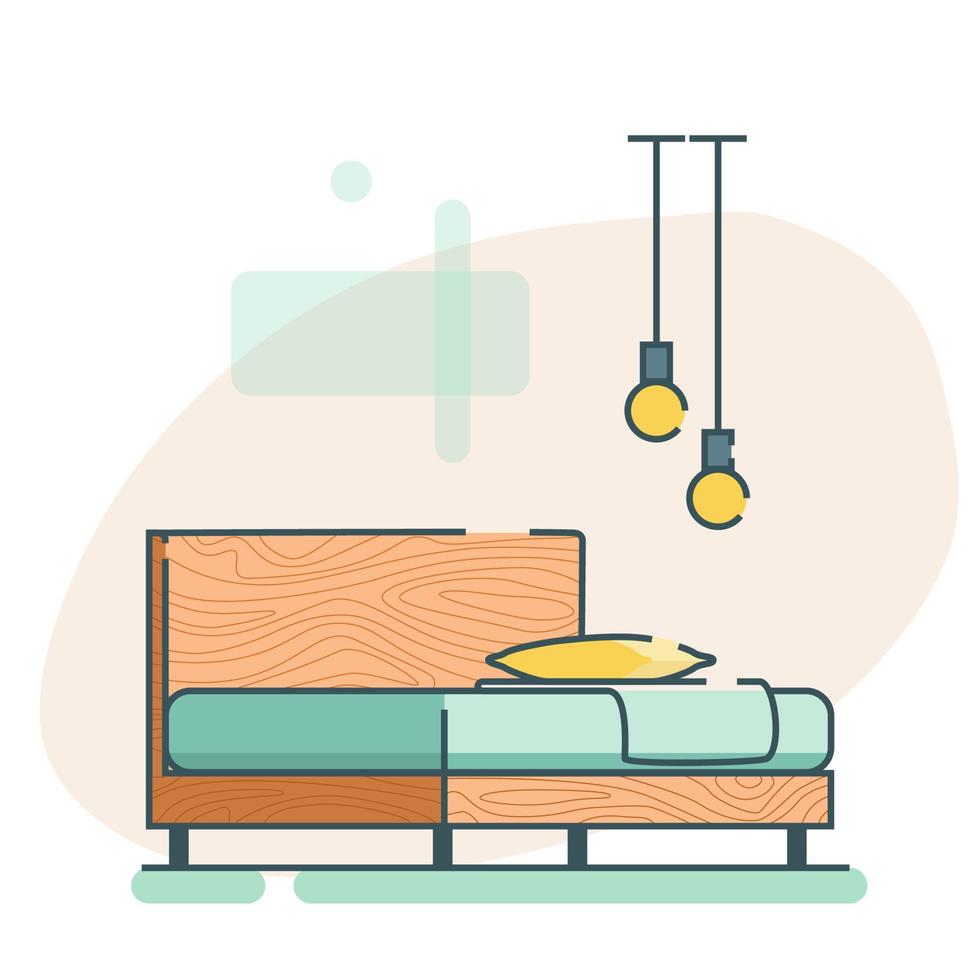 meubelpictogram in loft-stijl. houten hoogslaper met een plaid en kussen. plat bed icoon. vector